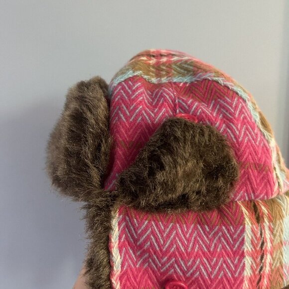 D&Y Trapper Hat Womens One Size Pink Shapka Plaid Winter Faux Fur Ear Flap - Picture 5 of 10